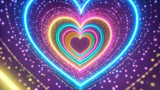 Abstract neon heart tunnel with colorful lights and glowing particle background for valentine's day or love concept, motion graphic