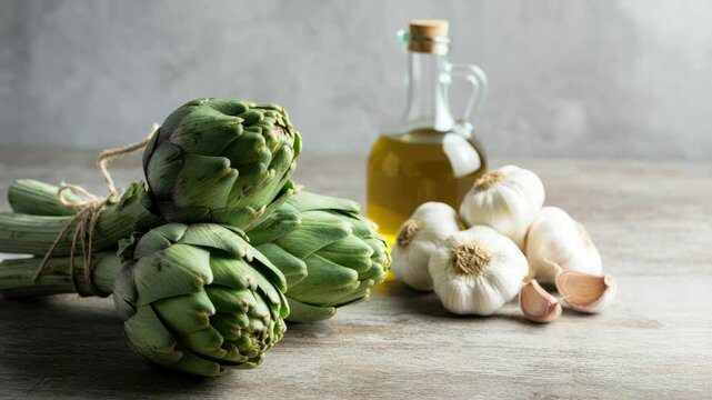 Fresh artichokes, garlic bulbs, and olive oil bottle on wooden surface