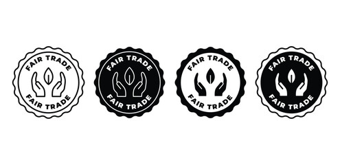 Fair Trade Icon Set Black and White Circular Logos with Hands and Plant Vector Design Illustration Collections
