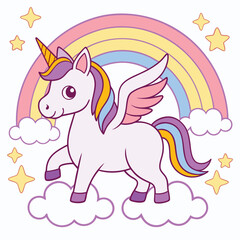 Adorable cartoon unicorn with rainbow wings and tail floating in the sky with clouds and stars.