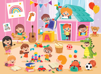 Obraz premium Kindergarten Scene With Cartoon Characters