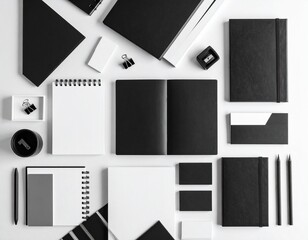 Flat lay showcasing monochrome stationery items; notebooks, business cards, and pencils arranged on a white background.