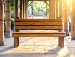 Serene Wooden Bench in Sunlit Park Pathway