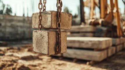 Concrete blocks lifted by rusty chains at a construction site Building