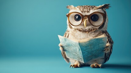 Wise owl with reading map blue background education.