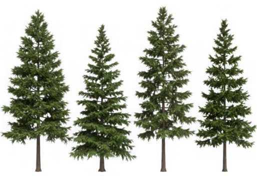 Four realistic fir trees isolated on transparent background