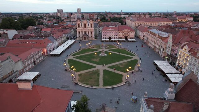 Aerial drone footage 4k video of Union Square in Timisoara, Romania