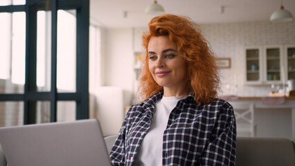 Smiling Caucasian woman female lady freelancer girl student e-learning working business online...