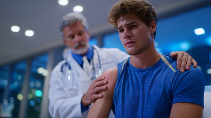 Hospital scene with man clutching injured shoulder, seated on examination table, medical professional examining and discussing treatment options, focus on sports injury management