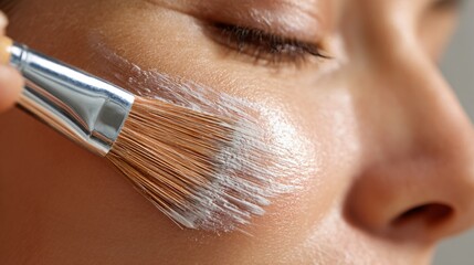 Brushing dry face mask onto cheek, light wooden background