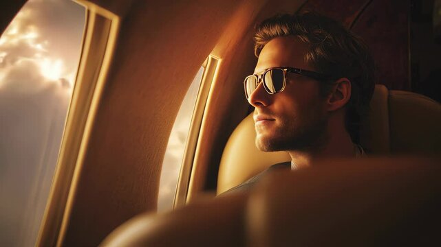 Side view of young Caucasian man wearing sunglasses and business suit looking out first class airplane window at sunset as the plane enters the clouds
