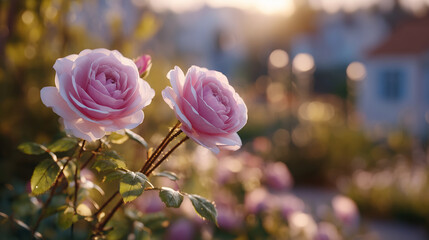 Obraz premium Soft pink and white roses shown close-up with detailed petal veins and gentle curves, garden sunlight casting warm glow and soft shadows, delicate floral elegance emphasized by out