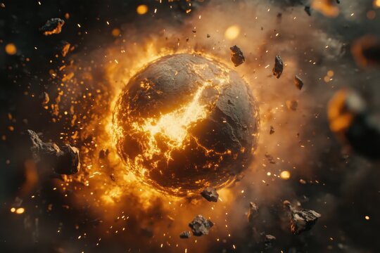 Molten planet exploding with fiery cracks and glowing lava, fragments of rock scattering outward in space, intense eruption capturing dynamic energy and cosmic destruction in vivid detail - Powered by Adobe