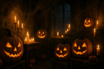 Spooky Halloween pumpkins glow with candles in a dark haunted room