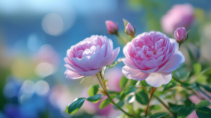 Macro shot of translucent petals of pastel roses illuminated by soft garden light, fine petal edges sharply detailed, smooth blurred greenery and soft pastel colors forming romanti