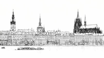Fototapeta premium Black and white architectural drawing of a european city skyline.