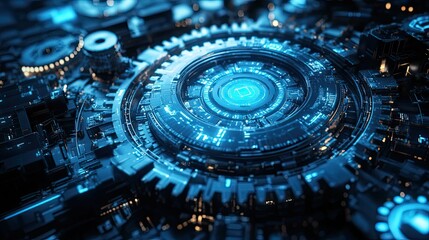 3D gears with blue light and digital mechanical elements for futuristic tech visuals and abstract background