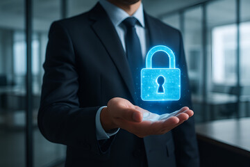 Businessman offers digital padlock representing security