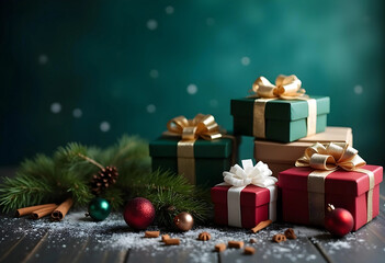 Festive Christmas Gift Boxes Ready for Giving. A charming still life featuring a stack of beautifully wrapped Christmas presents in various colors (green, red, beige) with gold ribbons.