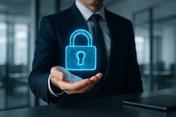 Glowing padlock hovers above a business person's hand, security concept.