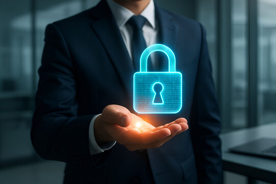 Digital security padlock hovers above the open hand of a businessman.