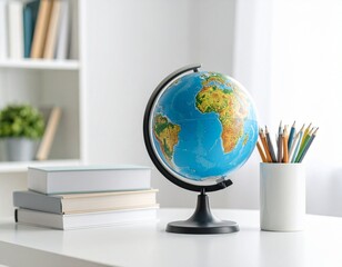A world globe sits on a desk amongst books and colored pencils, suggesting education or travel planning.