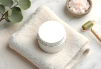 Blank Cream Jar on a Soft Towel, Spa Setting. A high-angle, close-up view of a blank white cream jar resting on a soft, beige towel.