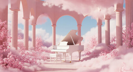 White grand piano in a pink, cloud-filled classical colonnade, surrounded by blossoming trees, showcasing serene beauty and musical inspiration