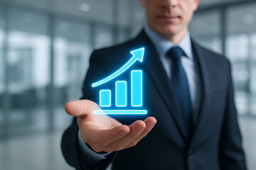 Businessman presents a glowing growth chart in his hand