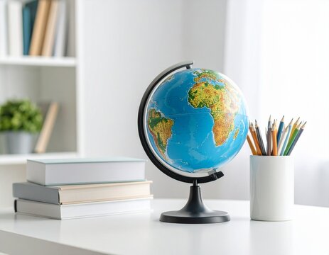 A world globe sits on a desk amongst books and colored pencils, suggesting education or travel planning.