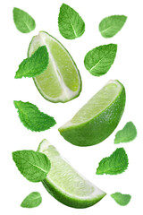 Flying lime and mint composition, real photo cutout on transparent background.