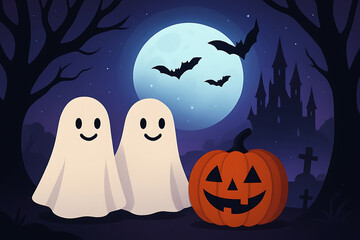 Cute cartoon ghosts and jack o lantern on halloween night with full moon and bats