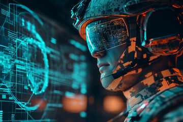 Futuristic soldier aiming through advanced ai hologram interface for military defense control, generative ai