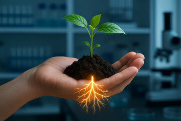 Green seedling grows in human hand with roots in lab