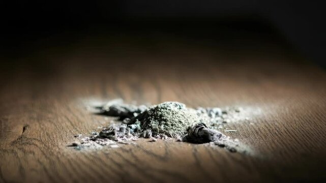Pile of gray ashes scattered on wooden surface