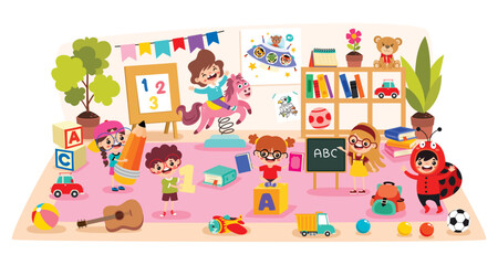 Kindergarten Scene With Cartoon Characters