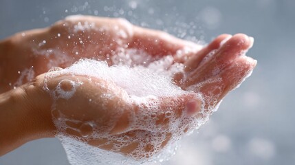 Fototapeta premium Light foam cleanser being rubbed on hand, airy background