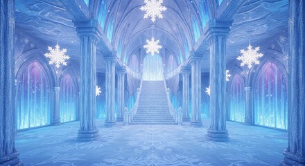 Dreamy Princess fantasy 4k Background, Pastel Frozen Ice Castle Hall Backdrop