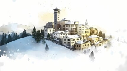 Fototapeta premium Snowy mountain village scene in watercolor style.