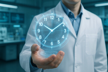 Doctor holds futuristic clock, symbolizing time management in healthcare