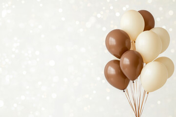 Elegant cluster of brown and cream balloons with bokeh background creating a festive atmosphere