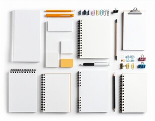 Overhead view of various blank stationery items arranged on a white surface.
