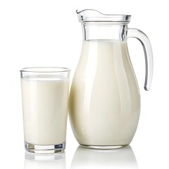 A clear glass pitcher and a glass filled with fresh milk standing on a reflective white surface
