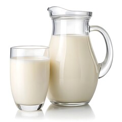 A clear glass pitcher filled with milk and a glass of milk sitting next to it on a white background