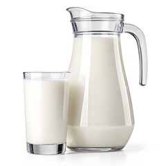 A glass of milk and a pitcher of milk sitting next to each other on a white surface background view