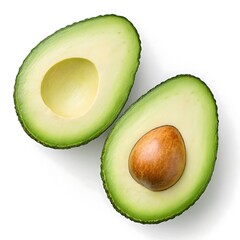 Two avocado halves on a white surface one with a seed and one without a seed close up shot