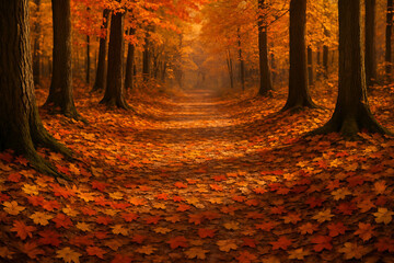 Autumnal forest path covered in vibrant fallen maple leaves