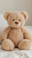 Fototapeta premium Adorable plush bear sitting on a soft bed with cozy white pillows in a warm, bright room atmosphere