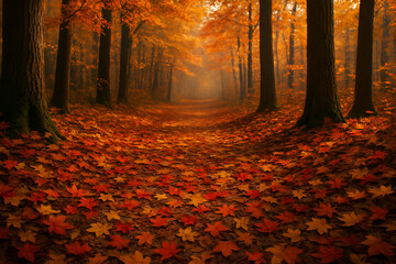 Autumn leaves carpet the forest floor in a scenic fall landscape