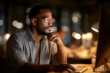 Man Working at Computer Late at Night with Focused Expression, motion blur Business concept, motion bokeh background